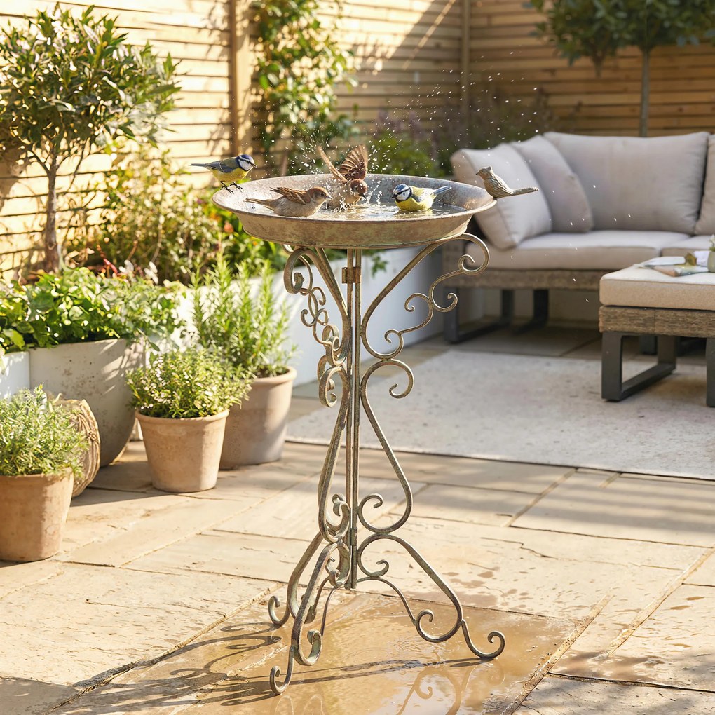 Outsunny Poidełko z figurką ptaka i ozdobnym stojakiem, vintage'owa miska dla ptaków do ogrodu, zielona | Aosom PL