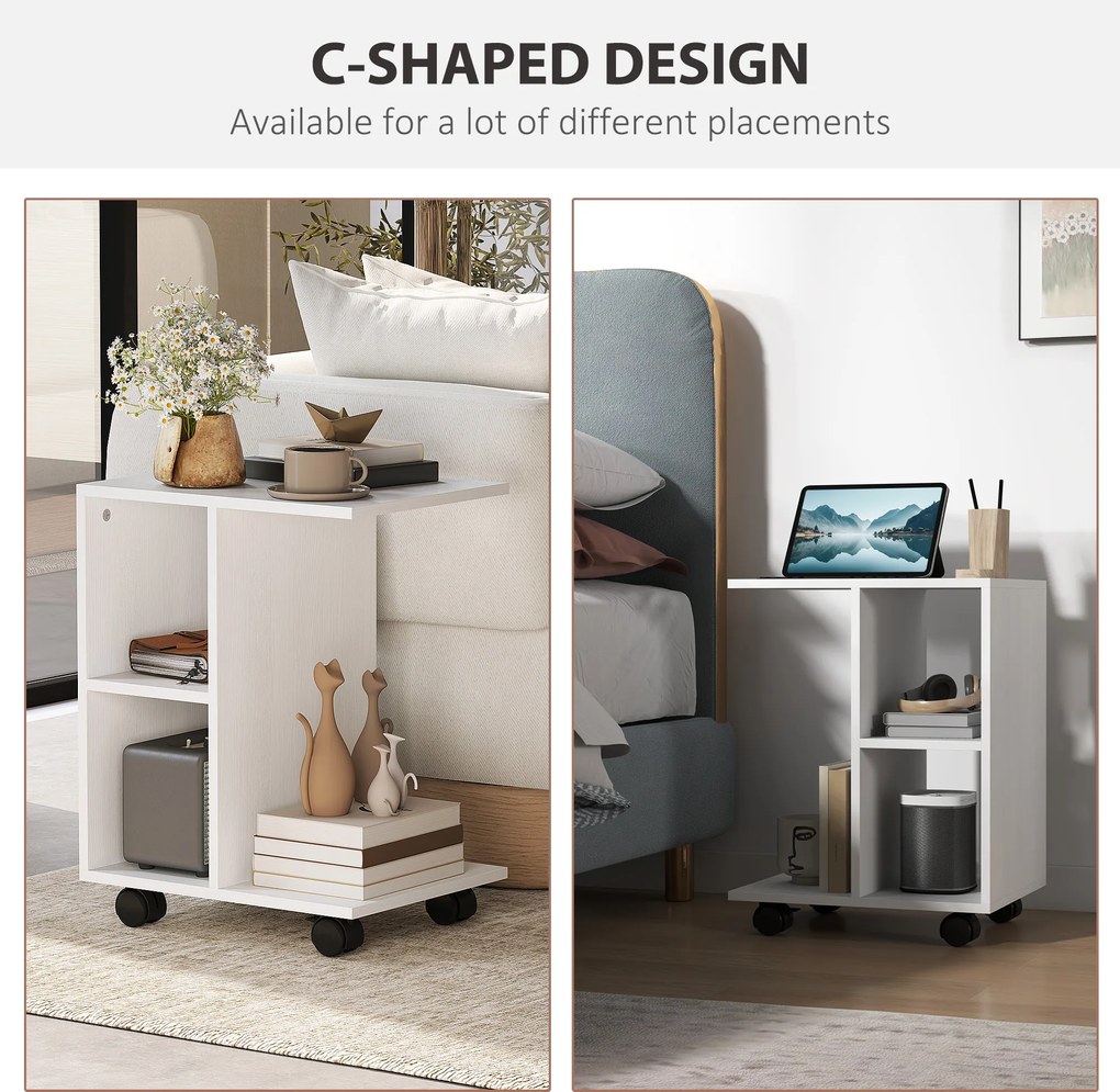 HOMCOM Stolik pomocniczy w kształcie C, kawowy, do kanapy, biurko narożne, na kółkach, płyta wiórowa E1, 45 x 35 x 58 cm, Biały