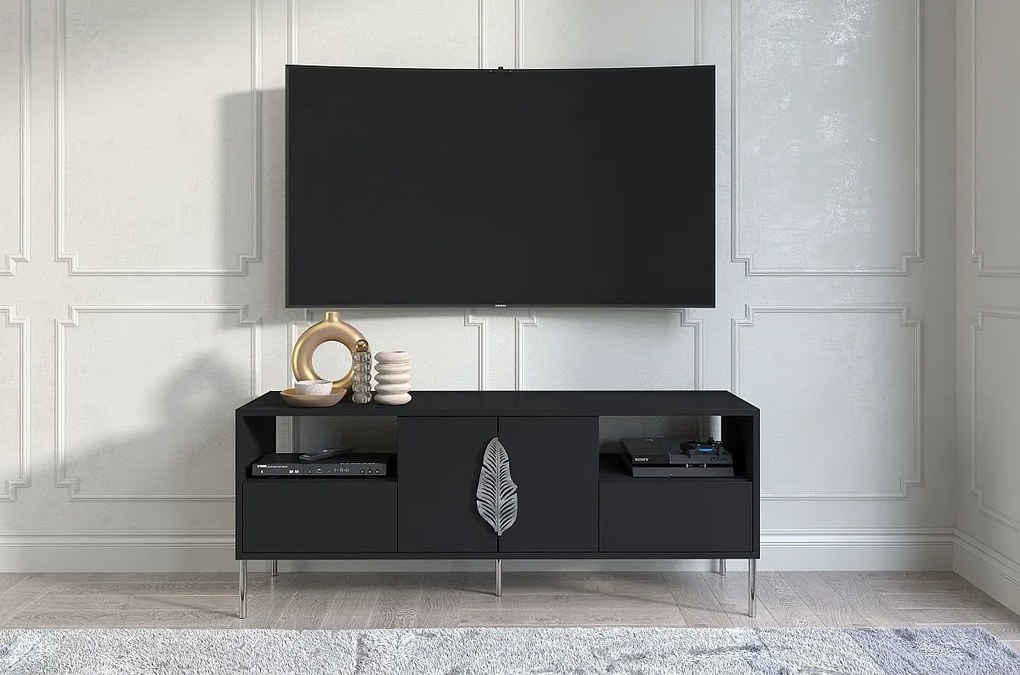 Czarna komoda RTV Skandica MERLIN ze srebrnymi dodatkami