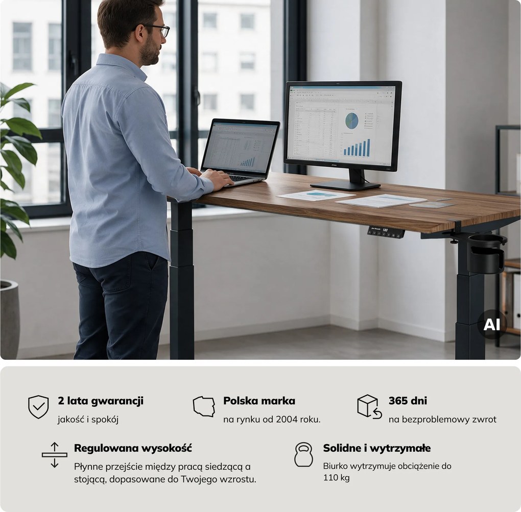 Biurko elektryczne z regulacją wysokości ergonomiczne antracytowe/orzech,1600x800 mm: ARIA