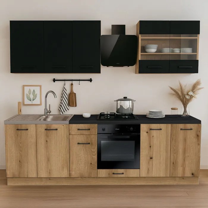 Zestaw Mebli Kuchennych MODERN 260 cm Dąb Evoke/Czarny Loftowy