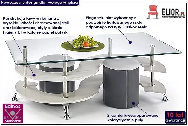 Ława szklana z pufami popiel F2-B67