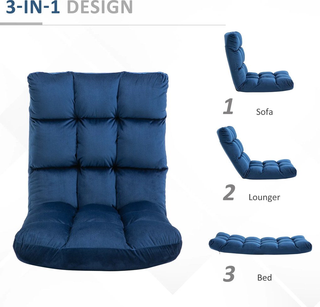 HOMCOM Sofa podłogowa z materacem Niebieska Regulowane oparcie Pluszowy materiał dla gości 55x71x53,5 cm | Aosom PL