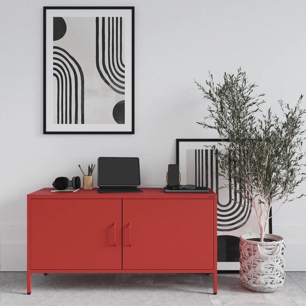Szafka RTV metalowa na nóżkach czerwona, 1150x595x400 mm: ROSA Modern