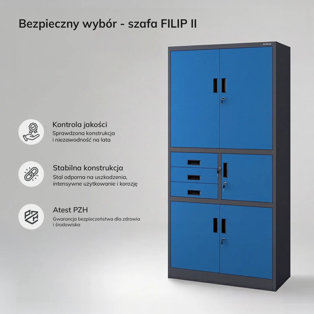 Biurowa szafa na akta z sejfem Filip II, 90x40x185 cm, antracyt/niebieski