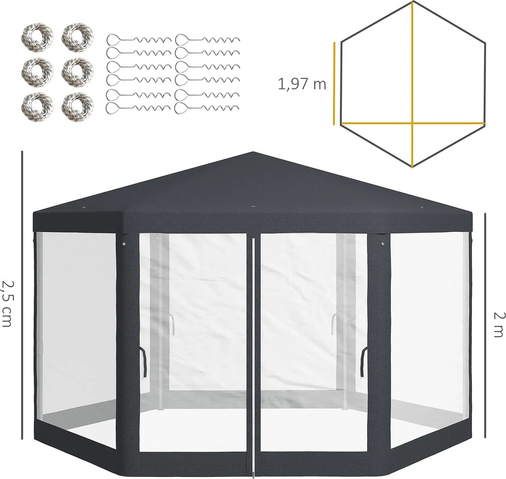 Outsunny Pawilon ogrodowy 4 x 4 m z moskitierą, namiot na imprezy, namiot ogrodowy, festiwalowy, 6-kątny, poliester, metal, ciemnoszary