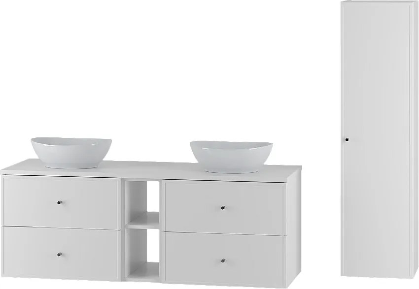 Biały Zestaw do Łazienki 140cm Szafka Regał Blat Umywalka Słupek Marco