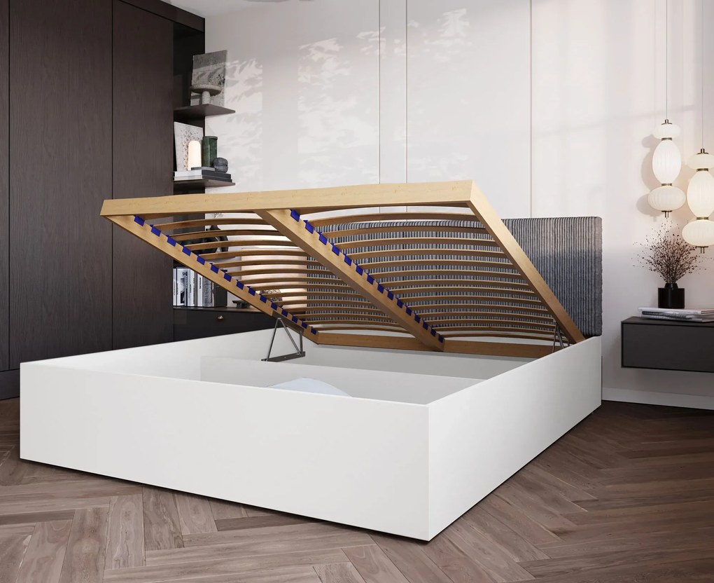 Białe łóżko małżeńskie ze sztruksowym zagłówkiem 160x200 H8-K30