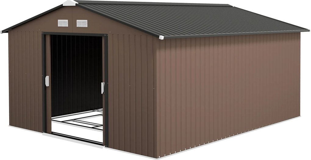 Outsunny Domek narzędziowy, odporny na warunki atmosferyczne, dla narzędzi ogrodowych, z oknami wentylacyjnymi, drzwiami przesuwnymi, stal, brązowy