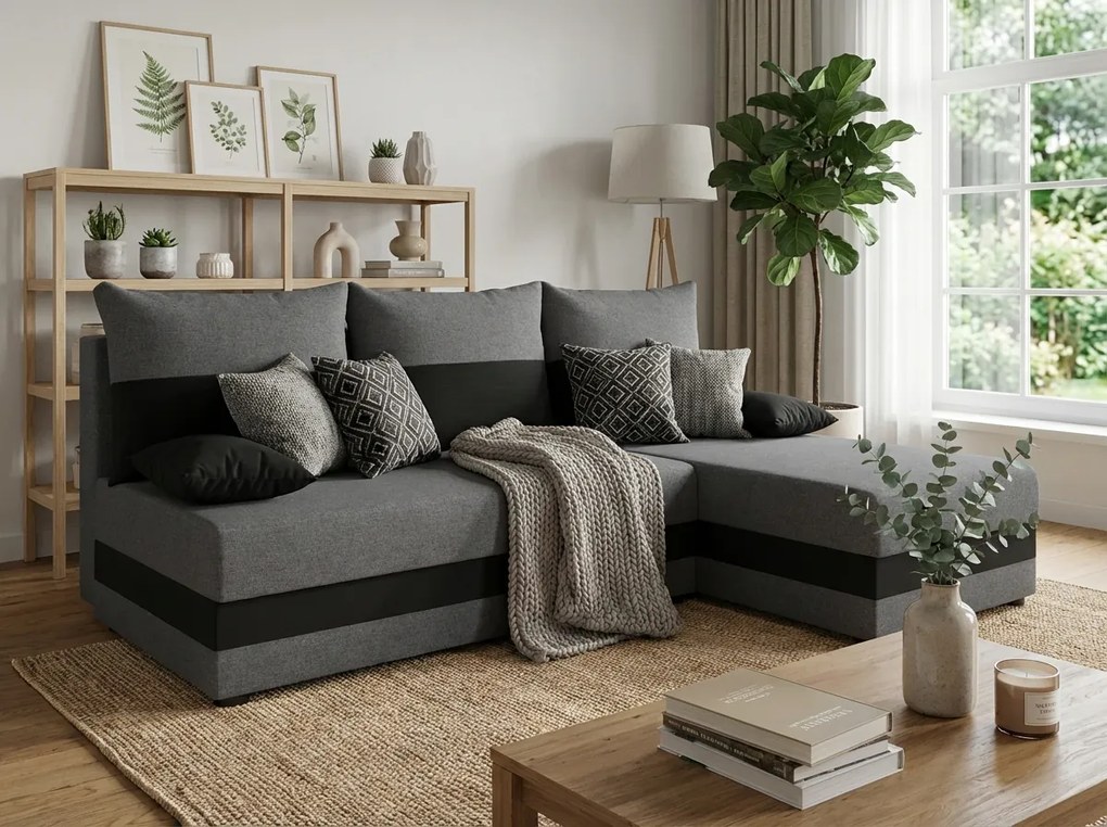 Rozkładana narożna sofa VALERIO SLIM 200x140 cm, ciemnoszara/antracytowa, uniwersalna + 2 poduszki GRATIS