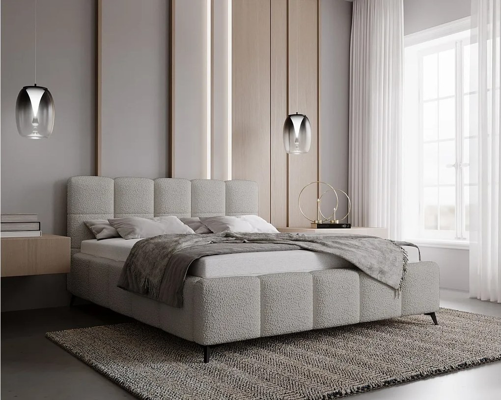 Emporius Kastilo łóżko dwuosobowe 140x200 z pojemnikiem, łóżko tapicerowane, stelaż, tkanina boucle, jasny szary (Anthology 15)