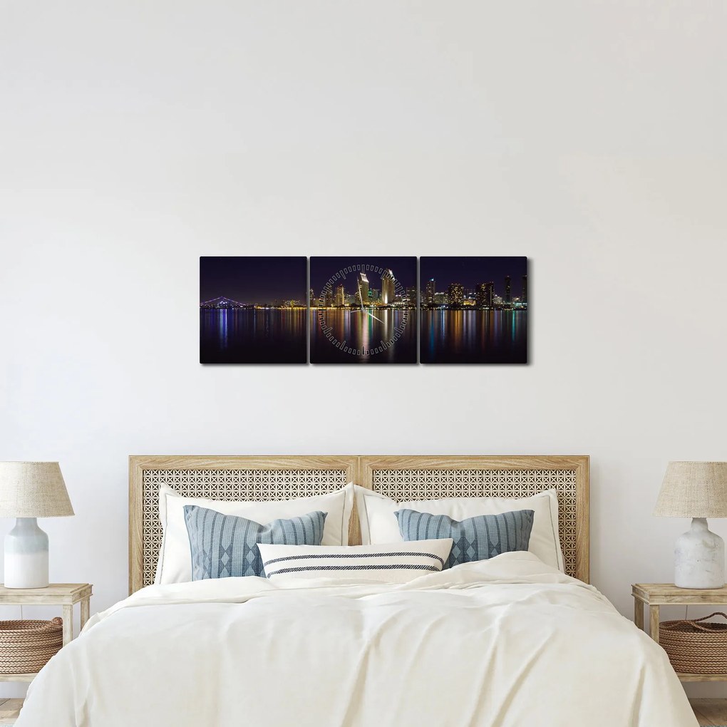 Obraz miasta nocą (z zegarem) (90x30 cm)