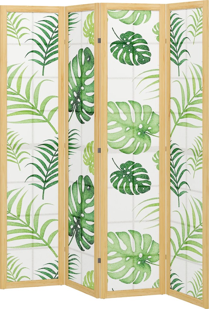 HOMCOM 4-częściowy parawan, składany, design boho, tropikalny motyw, wolnostojący parawan, rama drewniana, zielony | Aosom PL