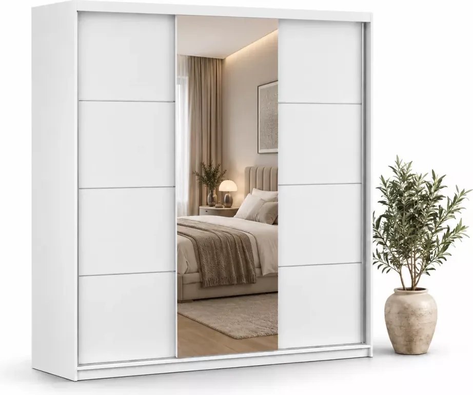 Szafa Lorina 203 cm – nowoczesna szafa przesuwna z lustrem w kolorze białym, elegancka i pojemna
