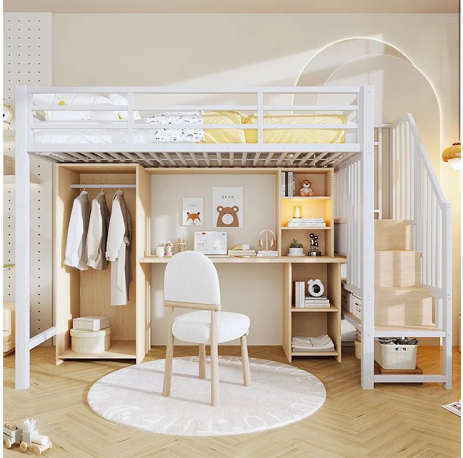 Łóżko piętrowe dla dzieci - 90 x 200 cm - rama żeliwna - ze schodkami do przechowywania + szafa + biurko + półki - metalowe - białe