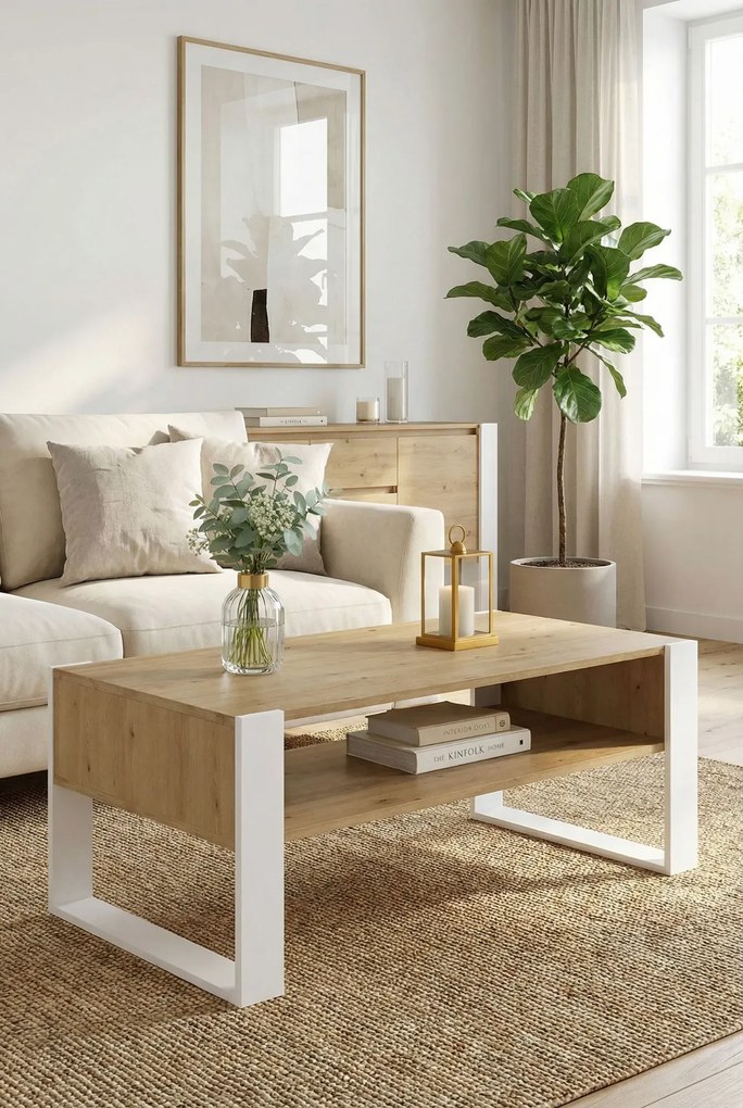 Prostokątna ława kawowa z półką - dąb artisan + biały C4-D63