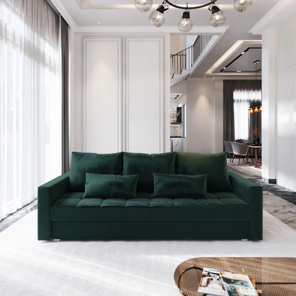 Masseno Sofa SIRO z funkcją spania i pojemnikiem na pościel, Rozkładana sofa - Butelkowa zieleń, KRONOS 19
