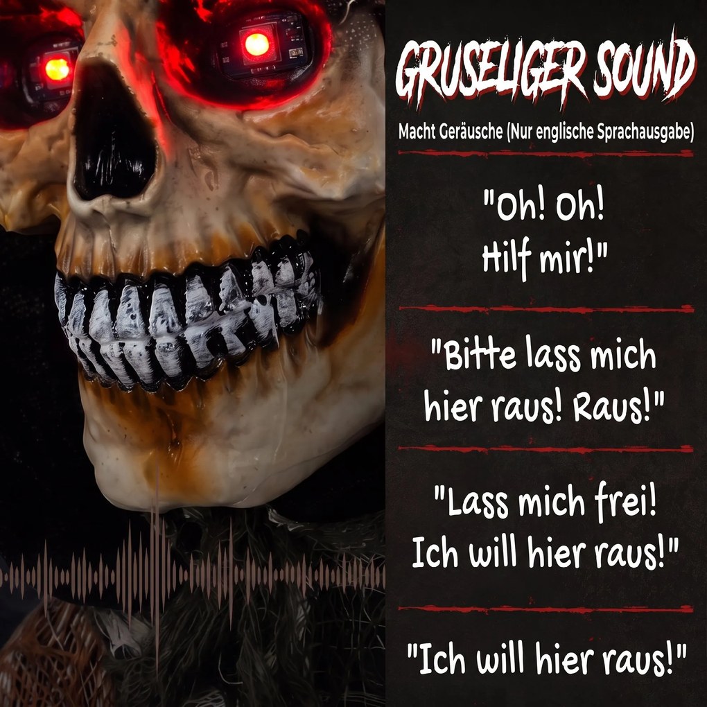 HOMCOM Animowany Żniwiarz, 170 cm, animatronika halloweenowa w skali naturalnej z ruchomymi dłońmi/głową, świecącymi oczami i przerażającym dźwiękiem | Aosom PL