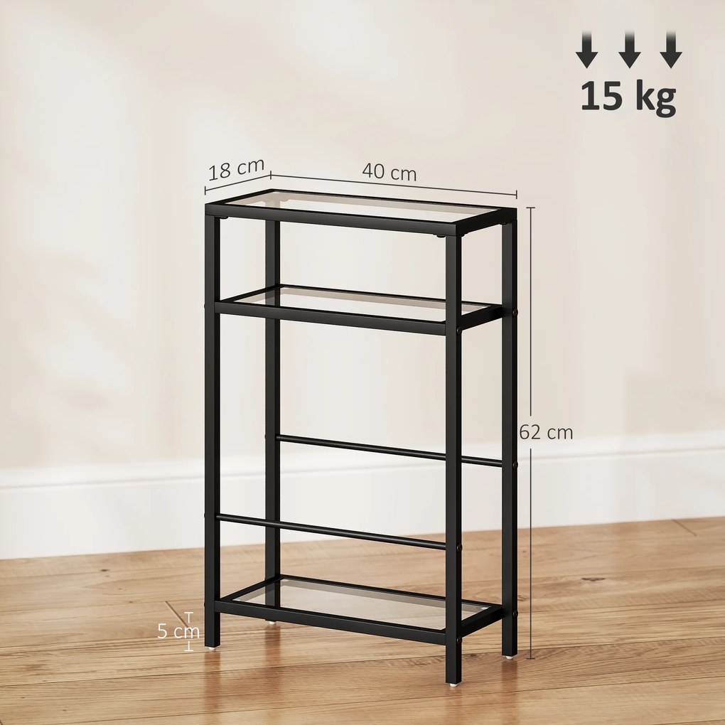 HOMCOM Półka 3-stopniowa z hartowanego szkła, 18 cm szerokości, rama stalowa, zabawne poprzeczki, Czarny