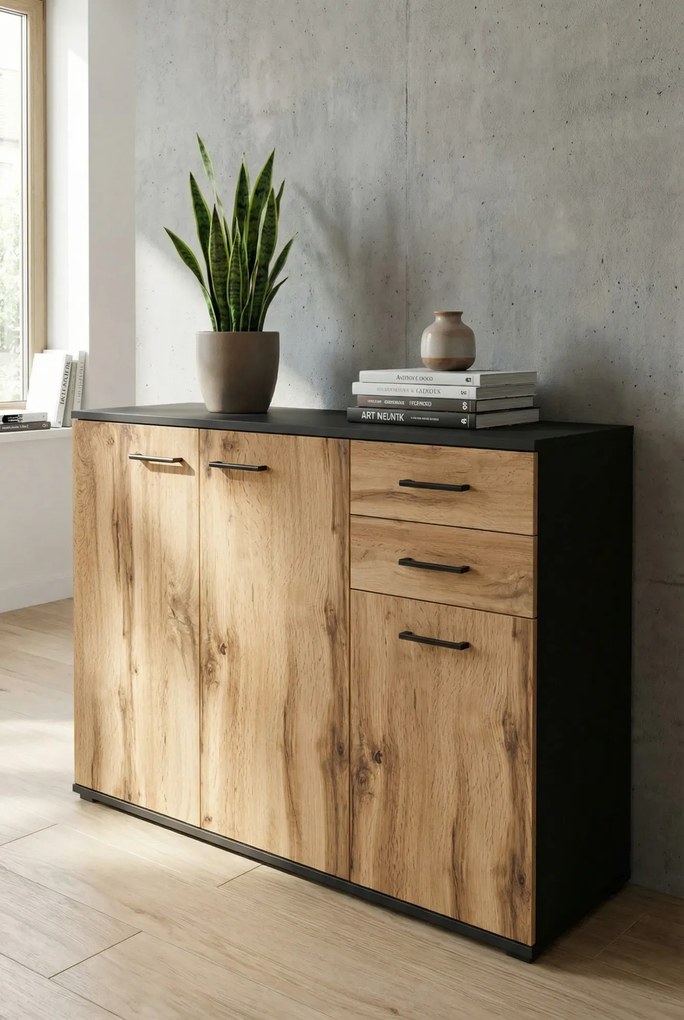 Komoda z szufladami i szafką do przechowywania grafit + dąb wotan R5-N90