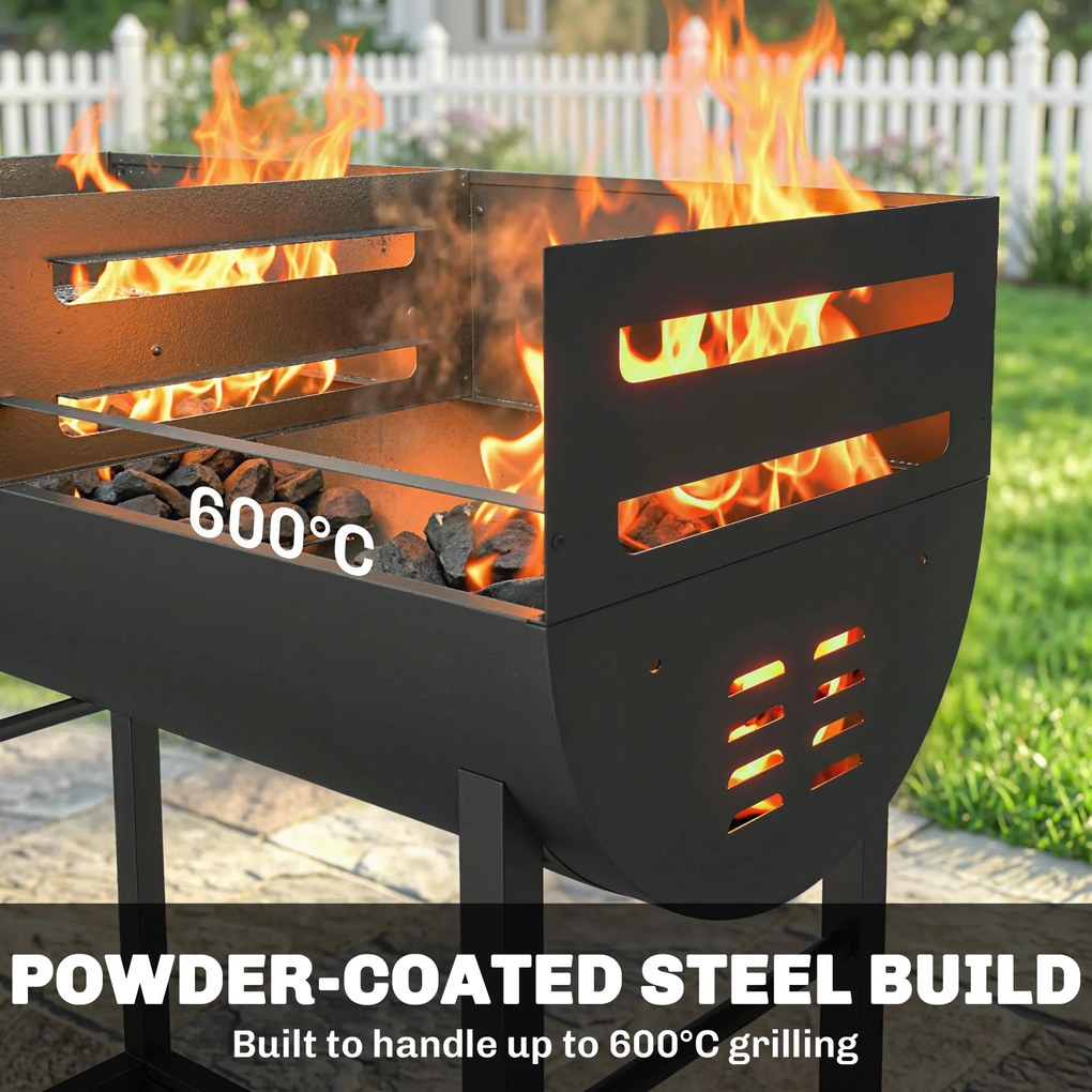 Outsunny Grill na węgiel drzewny z 2 strefami grillowania, regulowany ruszt, półka na drewno, kółka, boczny uchwyt, 103 x 46,5 x 100 cm | Aosom PL