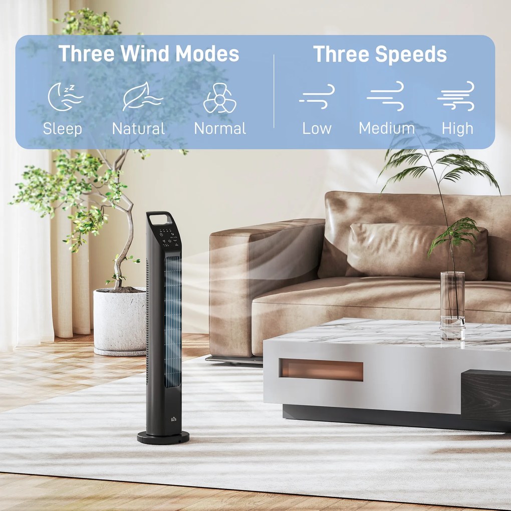 HOMCOM Wentylator stojący, wieżowy, klimatyzacja, 3 tryby, obrotowy, timer, Czarny