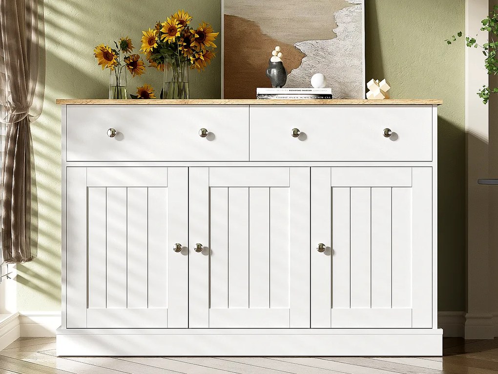 Bufet dolny z płyty wiórowej - 3 drzwi i 2 szuflady - Biały
