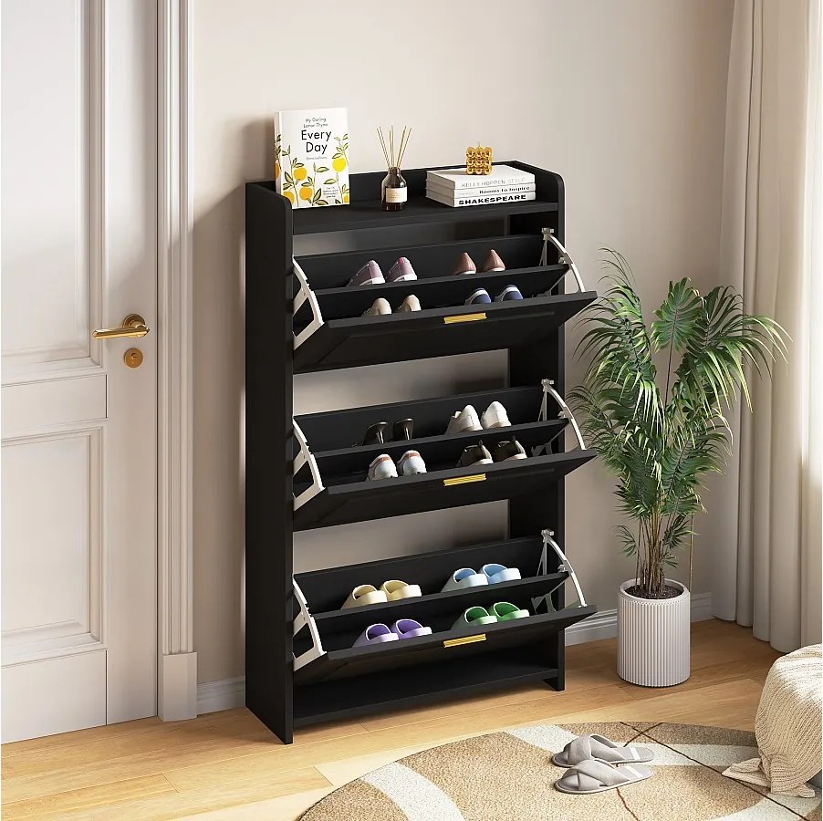 Szafka na buty do przedpokoju - 70 x 24 x 120 cm - z 6 przegródkami - MDF + płyta wiórowa - czarna