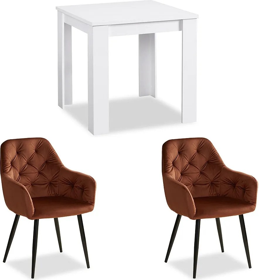 Stół jadalniany 80x80 cm biały z krzesłami jadalnianymi brązowy welur