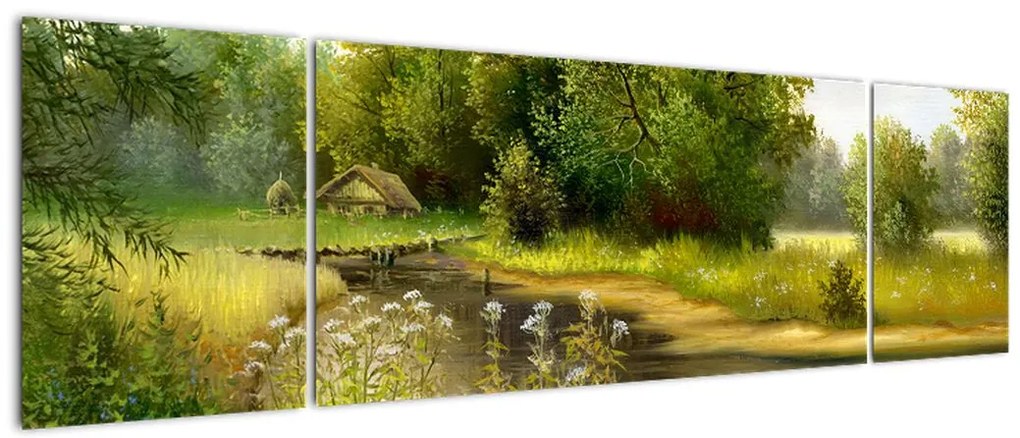Obraz - Rzeka przy lesie, obraz olejny (170x50 cm)