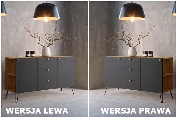 Nowoczesna lewostronna komoda dąb craft + czarny - Zorina 6X