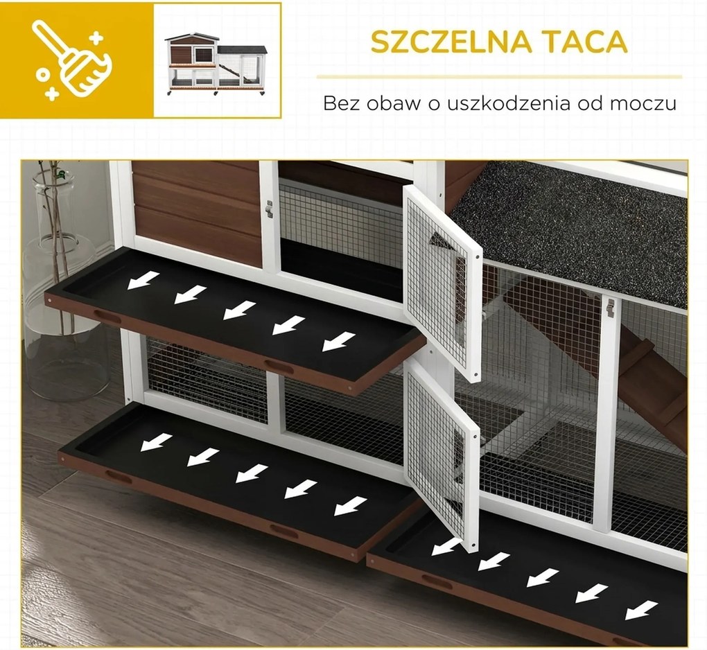 PawHut Domek dla małych zwierząt na kółkach, domek dla królików miniaturowych, wybieg, dach bitumiczny, domek dla małych zwierząt, wybieg dla królików miniaturowych, drewno, stal, brązowy | Aosom PL