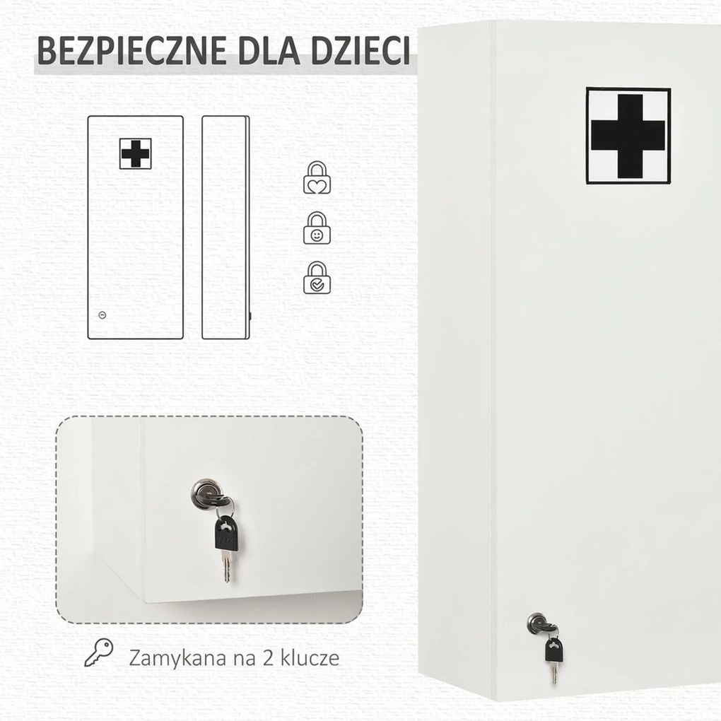 Szafka ścienna Kleankin z regulowanymi półkami, biała płyta wiórowa E1, zamykana na klucz, 30x20x70 cm | Aosom PL