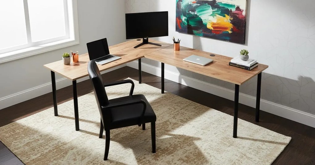 Narożne duże biurko dla dwóch osób dąb złoty craft P8-M91