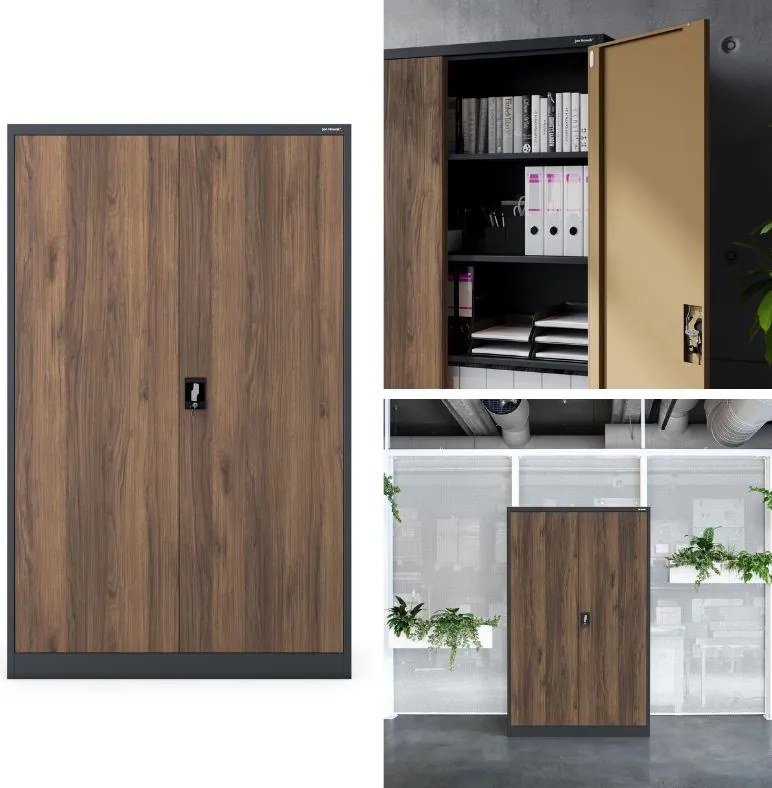 Szafa biurowa na akta szeroka Eco Design Jan II, 115x40x185 cm, antracyt/orzech