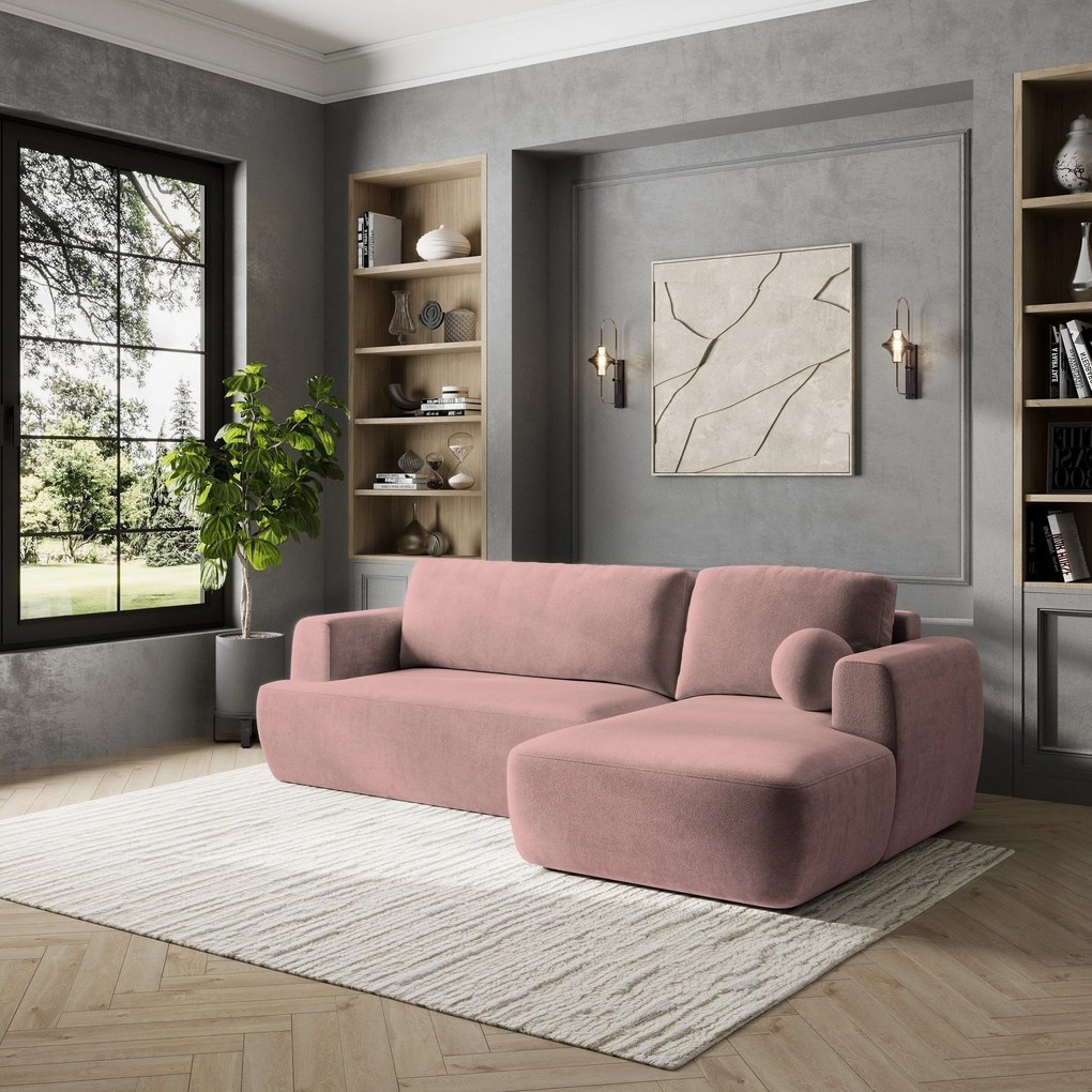 Masseno Narożnik SENTI z funkcją spania i pojemnikiem na pościel Narozniki L, Rozkładana sofa - Pudrowy róż, KRONOS 27