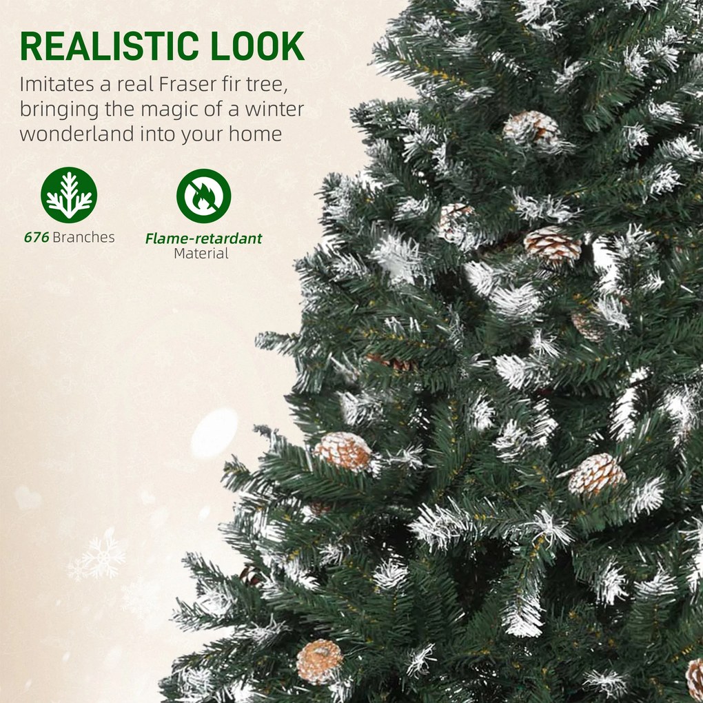 HOMCOM Sztuczna choinka, 676 gałązek, 41 szyszek, zasypane końcówki, ognioodporna, 180 cm | Aosom PL