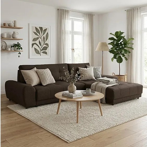 Narożnik prawostronny NAMPA 281x189 cm rozkładany z funkcją spania, w tkaninie SORO 29 brązowej