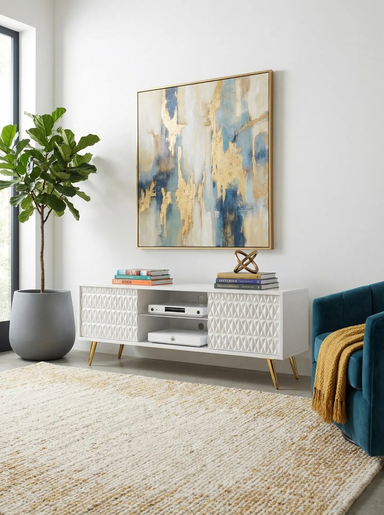 Biała ryflowana szafka RTV na złotych nóżkach 135 cm E7-F47