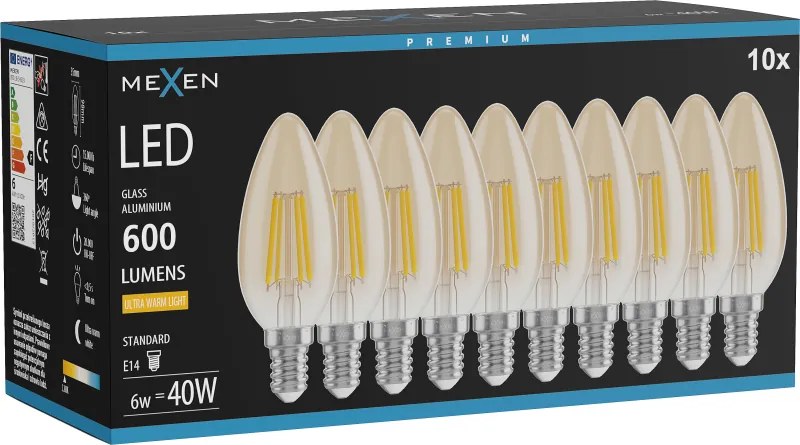 Mexen Vintis 10x żarówka filament LED E14, C35, 6W, Ciepła - 2200K, 600 lm, amber - L154-E14-0622-50x10