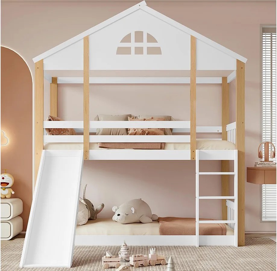 Łóżko piętrowe z litego drewna z drabinką i zjeżdżalnią - 90x200 cm - białe