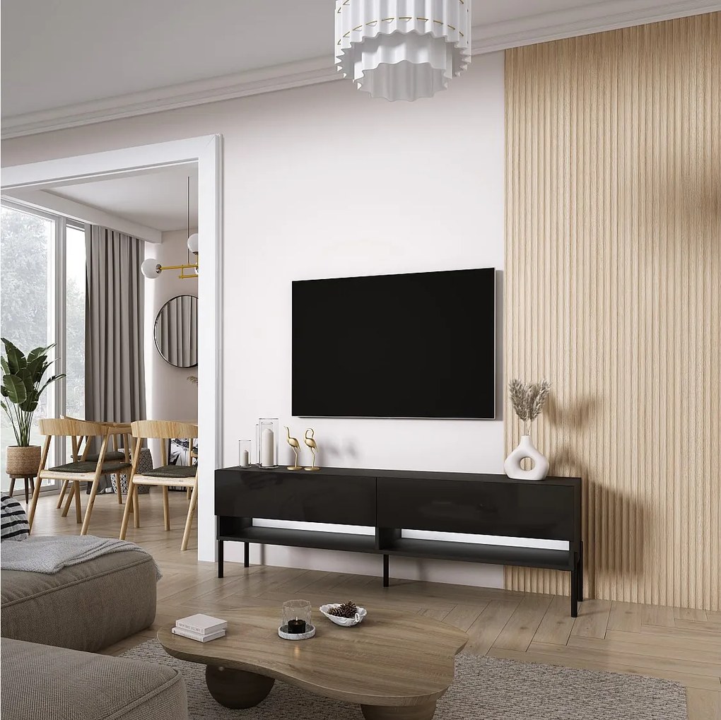 Szafka pod telewizor 170 cm Czarny Mat / Czarny Połysk, nóżki proste czarne, LED biały, 170 × 32 × 52 cm
