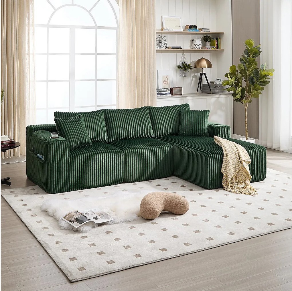 Narożnik z uchwytem na kubek - 3-osobowa sofa z pięcioma poduszkami i kieszeniami bocznymi - zielony sztruks