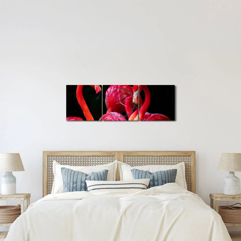 Obraz czerwonych flamingów (z zegarem) (90x30 cm)