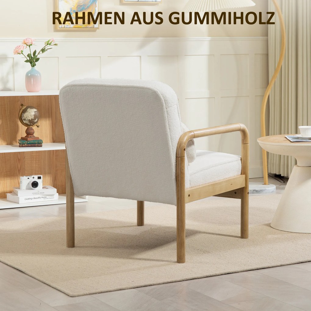 HOMCOM Fotel Akcentowy, Tapicerowany Fotel z Tkaniny, Rama z Drewna Kauczukowego, Nowoczesny Fotel z Poduszką, Biały