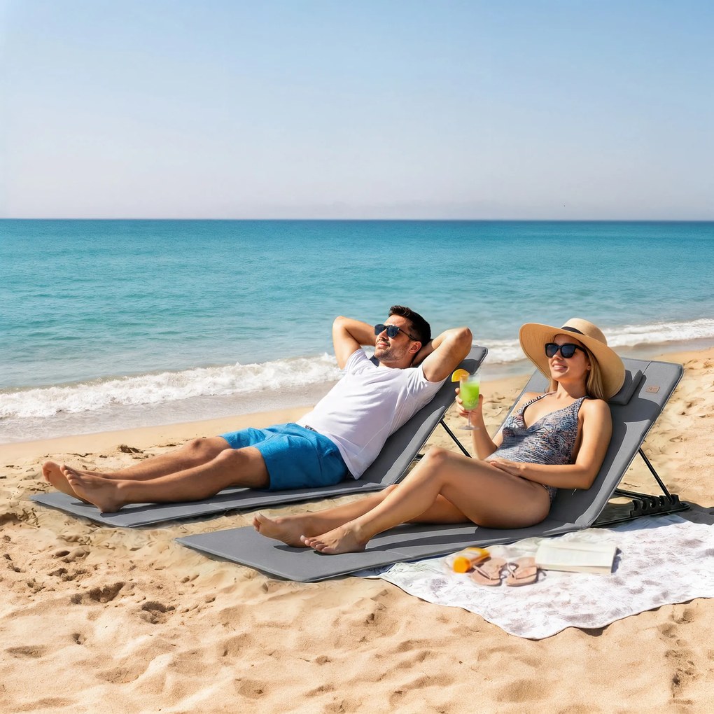 Outsunny Zestaw 2 mat plażowych z regulowanym oparciem, składane lekkie leżaki plażowe z poduszką i kieszenią na przechowywanie | Aosom PL