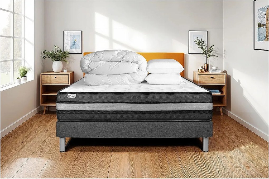 Kompletne łóżko VITALPOWER ZEN 140 x 190 cm - Szare - Pianka pamięciowa - Wkładki i Kołdra w zestawie