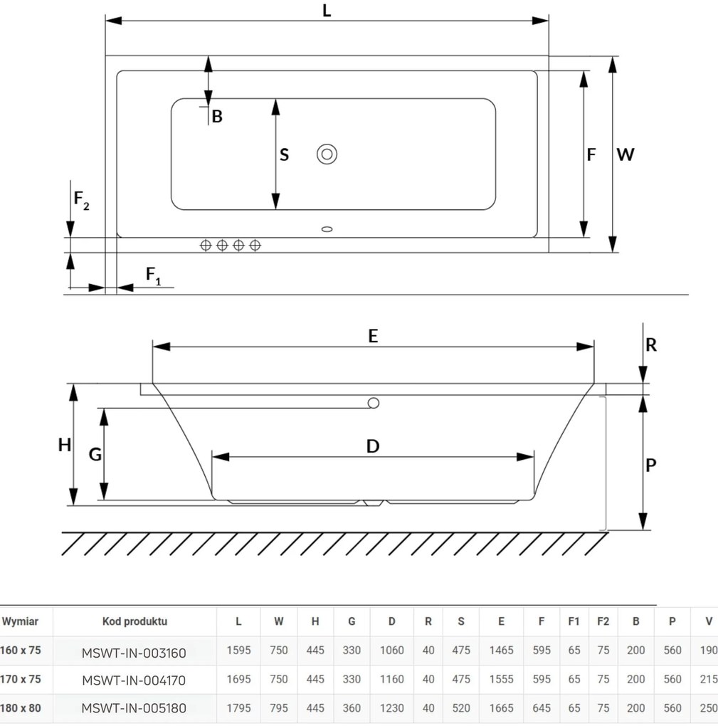 Wanna prostokątna 160 x 75 cm biała do zabudowy odpływ na środku + obudowa INDO MASSI