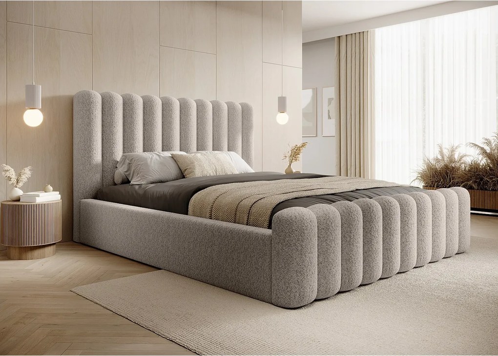 Łóżko tapicerowane Mona VII DomoHome, elegancka rama ze schowkiem, wysokiej jakości tkanina, 180x200 cm, BEŻOWE