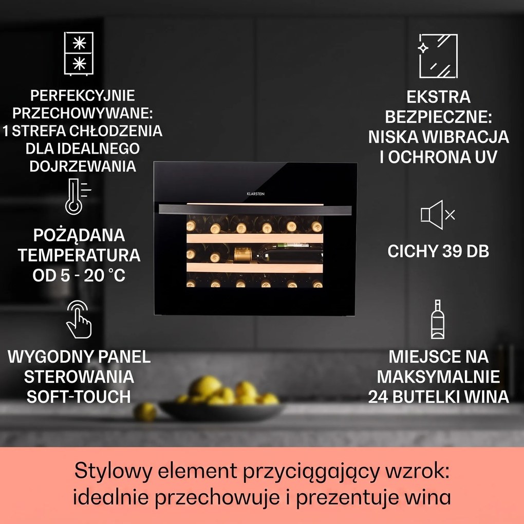 Klarstein Vinoline 60cm 24 Butelek Winiarka do Zabudowy 1 Strefa Czarny